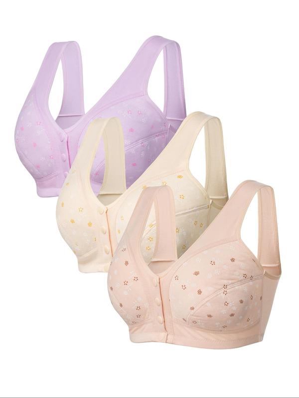 Women's Floral Print Button Front Bra, Korean Wear, 3pcs Comfortable Soft Skin-friendly Bralette for Daily Wear, Summer Wear, Women's Lingerie Top for All Seasons, Korean Streetwear